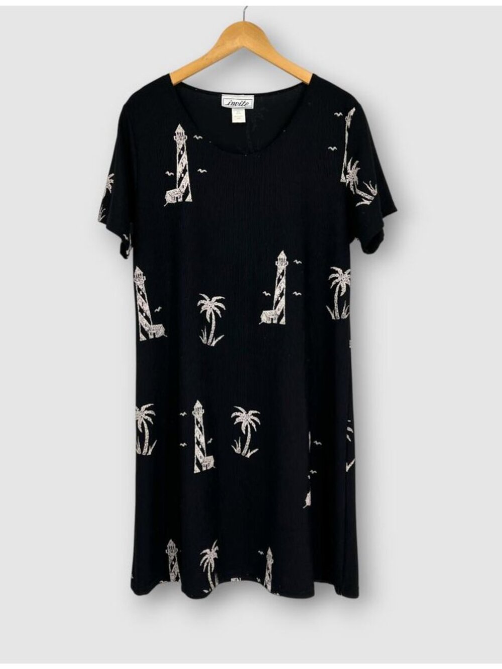 90s Vintage Lighthouse Palm Tree Print T-shirt Dress Black and White Size Large